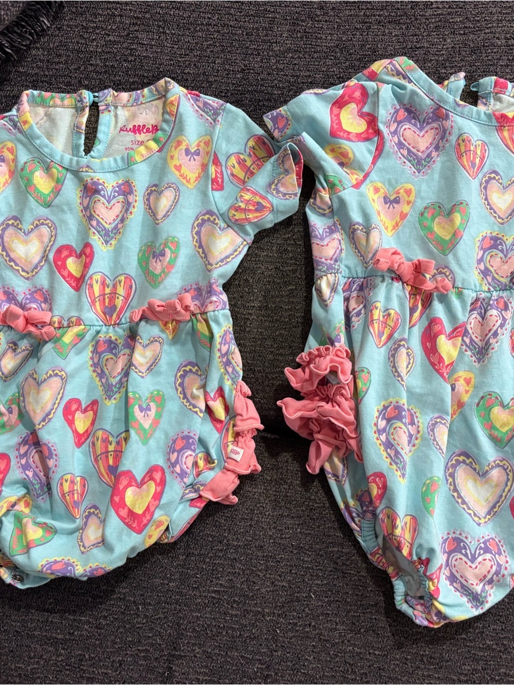 Ruffle Butts Aqua Heart-Print One-Piece with Pink Ruffles